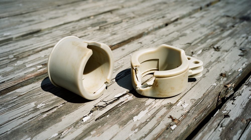A cracked white plastic clamp-style drink holder lying on weathered dock boards.