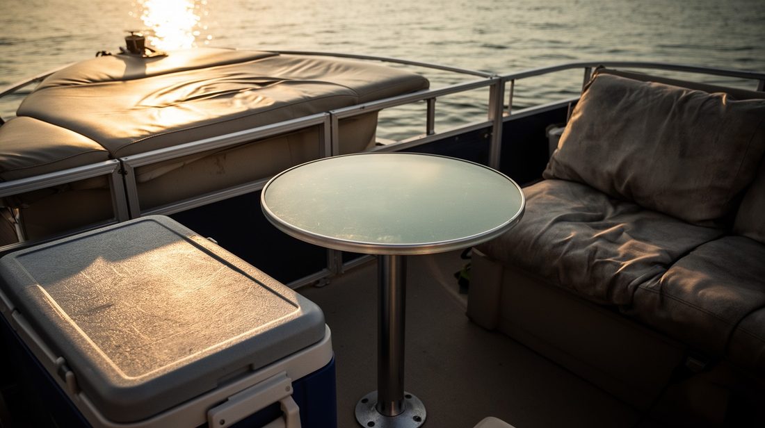 A pontoon interior at low sun: bench seating, a pedestal table and a cooler.
